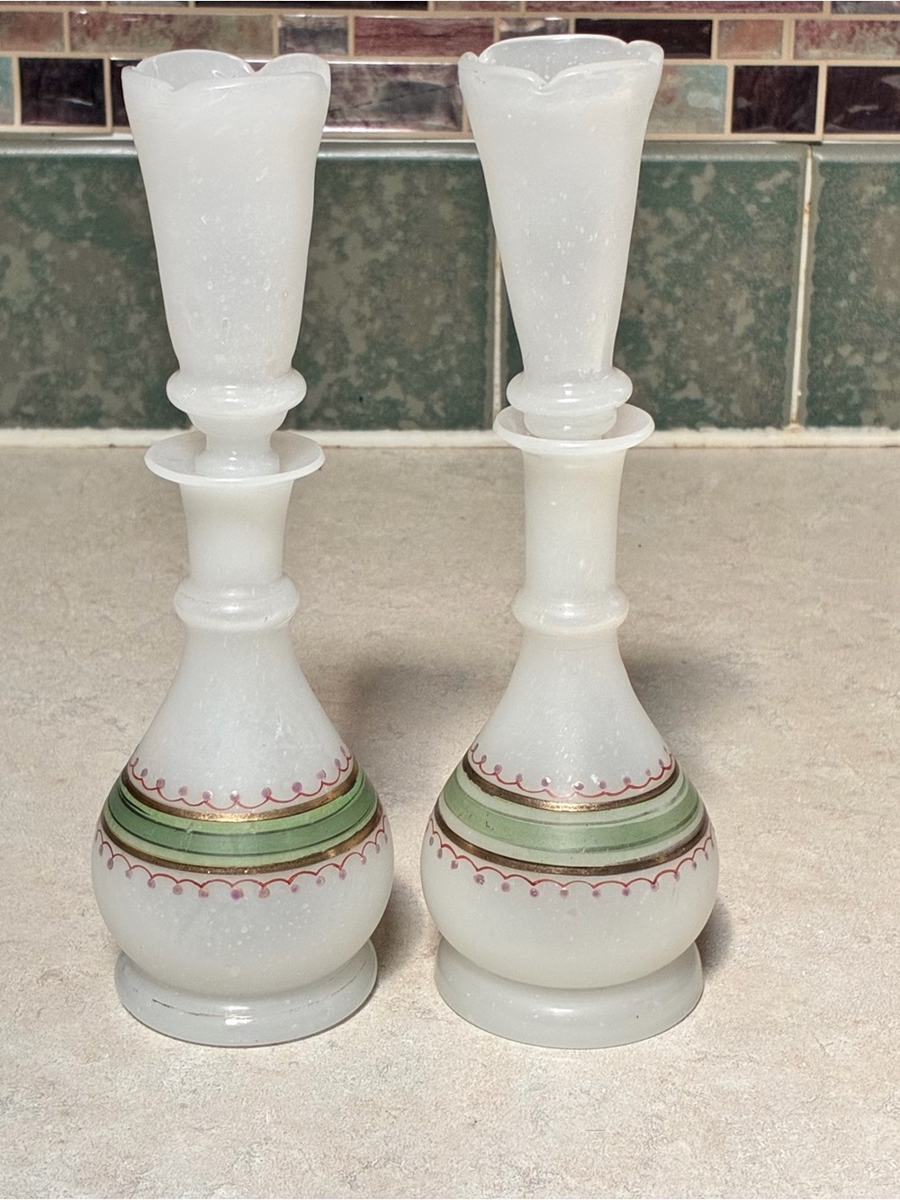 Pair of Antique Satin Bristol Glass Decorated Dresser Bottles Ruffled Stoppers